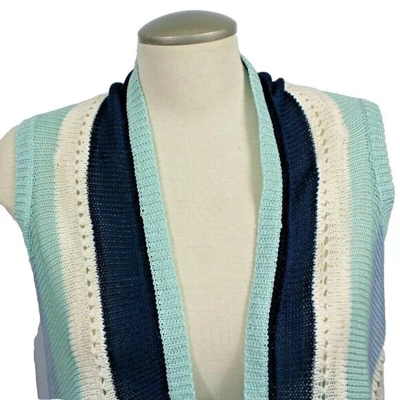 Open Front Sweater Vest Womens M Blue Boho Hippy Crochet Fringe Tassel Hi Lo Hem - Picture 4 of 5